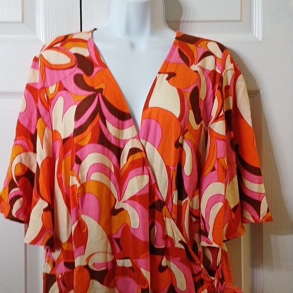 Ava & Viv abstract  brown orange pink wrap romper with pockets  Sz 2X - Picture 2 of 9